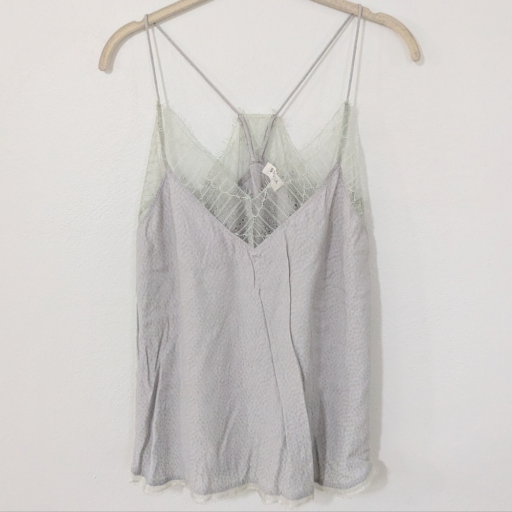 Storia Lace Trim Satin Tank Top V Neck Racerback Tank Top Silver Gray Medium M